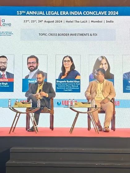 This photo shows our Partner, Rohan Singh, moderating a panel on Cross Border Investments & FDI at the 13th Annual India Conclave by Legal Era. The discussion brought together general counsels to explore regulatory challenges and strategic opportunities in international transactions.