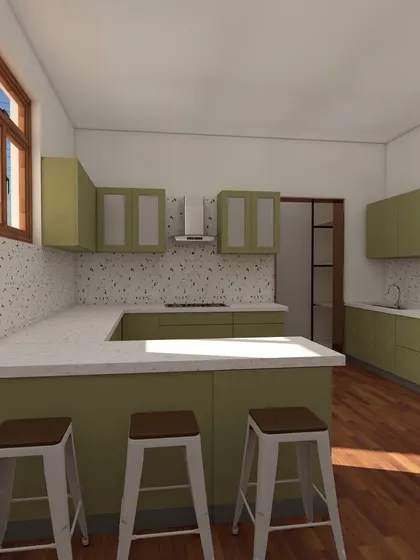 These are various 3D renders for a kitchen we are designing for a project at ATS Greens, Noida. We explore different angles and lighting to give the client a complete picture of their future kitchen.