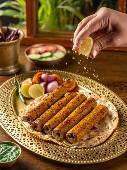 An action shot for Blue Tribe's plant-based kebabs. The squeeze of a lemon, captured with falling droplets, adds a fresh and dynamic element to the image, making the food look even more appetizing.