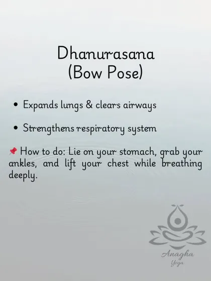 Dhanurasana (Bow Pose) is a deeper backbend that expands the lungs, clears airways, and strengthens the entire respiratory system.