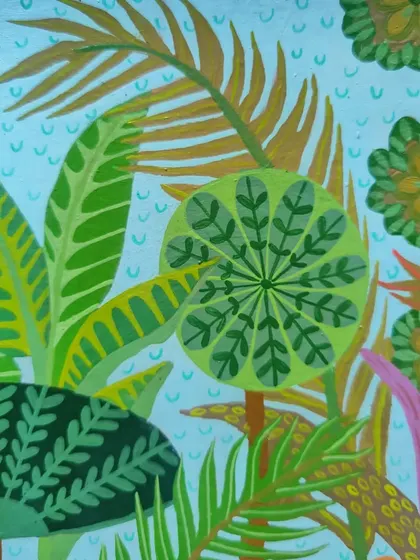 This close-up shows the variety of leaf shapes and patterns I used in this custom tropical piece. Each element is carefully composed to contribute to the overall lush, jungle feel.