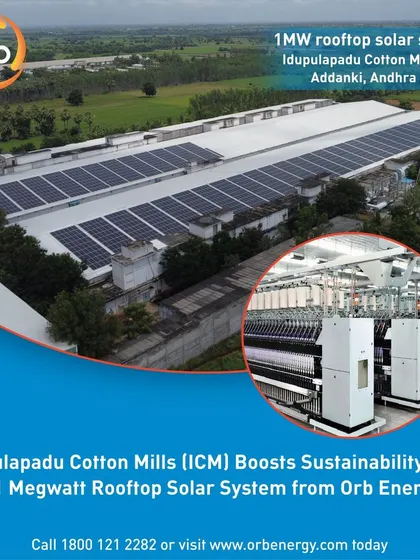 A 1-megawatt rooftop solar system for Idupulapadu Cotton Mills in Andhra Pradesh, powered by over 2,200 of our in-house manufactured Mono-Perc solar panels. This installation saves them INR 80 lakhs annually.