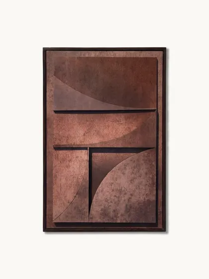 Our Rust Relief Geometrical Wall Sculpture #2. The rich, rust-colored finish and abstract, layered shapes give it an industrial yet sophisticated look.