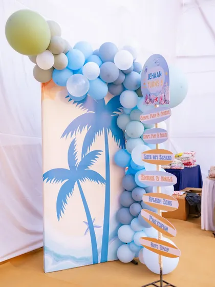 Personalized signage helps guide guests and adds to the theme. This custom directional sign pointed the way to all the fun activities at the 'Under the Sea' party.