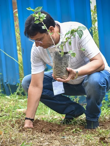 A volunteer carefully plants a sapling during a tree plantation drive on Guru Purnima. Seva here often involves nurturing nature and making our campus even greener.