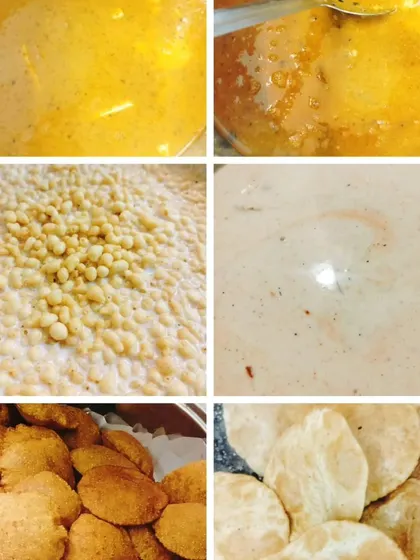 A behind the scenes look at our festive preparations. This collage shows our creamy curries, sweet boondi being prepared for ladoos or raita, and fresh puris ready to be served. We put a lot of love into our festive food.