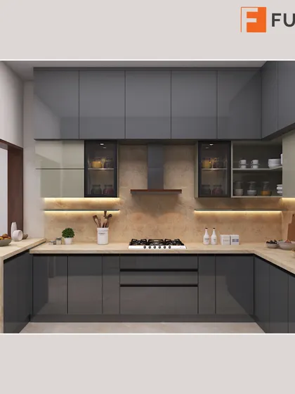 A full view of the U-shaped kitchen, showcasing the combination of solid and frosted glass cabinet shutters for varied display and storage.