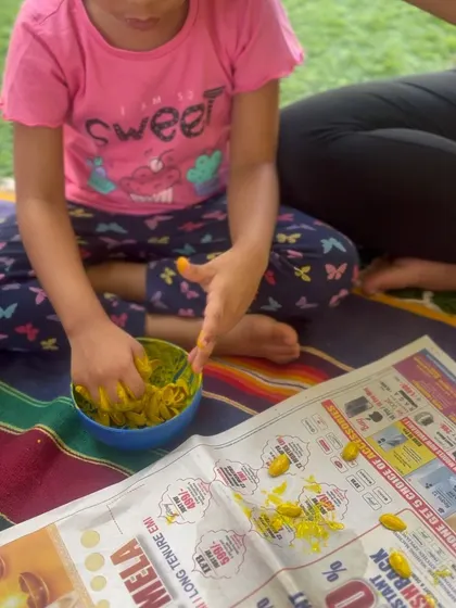 A child explores the texture of colored pasta, a fantastic fine motor and sensory activity. The simple act of scooping and pouring is deeply engaging for toddlers and helps develop hand-eye coordination.