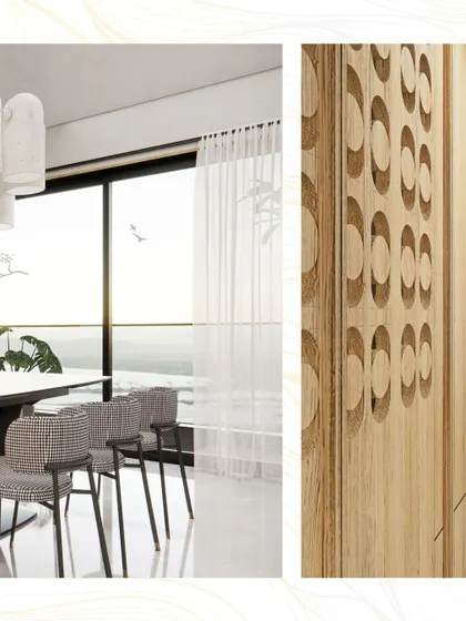 A detail of the custom-carved wooden paneling, which adds a layer of subtle, handcrafted texture to the apartment's interior.