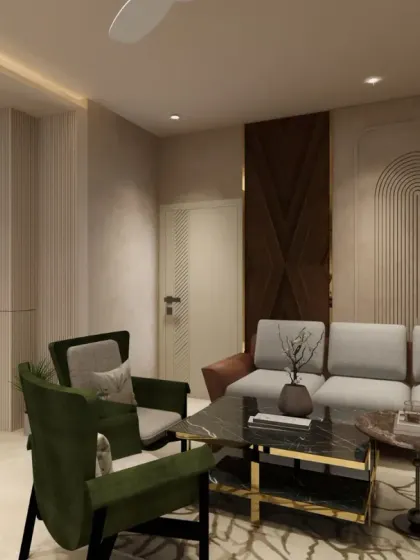 This angle highlights the architectural details, including the wall grooves, moldings, and glass partitions that create an open yet intimate feel.
