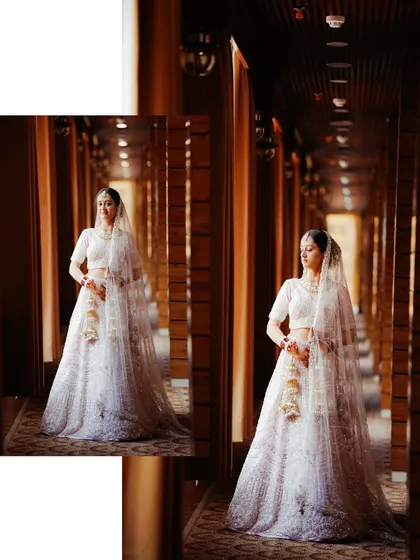 A collage of the bride in a long corridor. The repeating patterns of the architecture create a visually interesting and dramatic setting for her portraits.