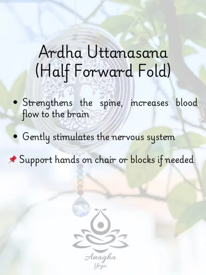 Ardha Uttanasana (Half Forward Fold), often modified with a chair, is used to strengthen the spine and gently stimulate the nervous system by increasing blood flow to the brain.