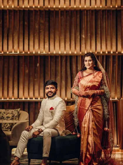 An elegant couple portrait from an engagement. The bride is wearing our signature floral shela, showing its versatility for different wedding events.