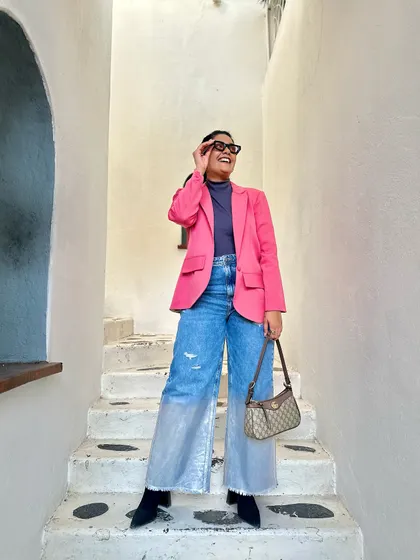 A happy, smiling shot in this colorful and confident outfit. Don't be afraid to mix bold pieces.