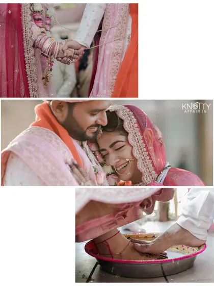 A collage of tender moments from a wedding ceremony, including holding hands and traditional rituals. We capture the laughter and love that fill the day.