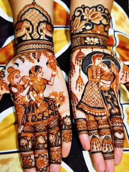This design for Teej or Karva Chauth shows a couple in a loving embrace on one palm, and a woman with her friend on the other, surrounded by festive elements.