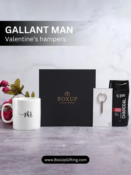 The Gallant Man Valentine's hamper is a simple yet thoughtful gift. It includes a "Mr." mug, a keychain, and Beardo charcoal body wash, all packed in our signature black box.