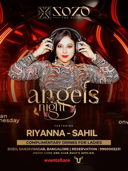 The poster for the special New Year's Eve edition of "Angel's Night" at Zozo, ringing in 2025 with electrifying beats.