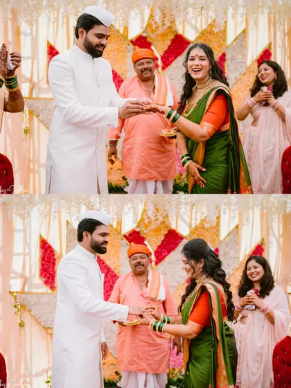The ring ceremony, capturing the bride's excited reaction.