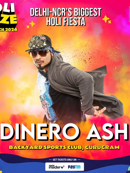 Promotional poster for 'Holi Haze', Delhi-NCR's biggest Holi fiesta, featuring artist Dinero Ash at our Gurugram venue.