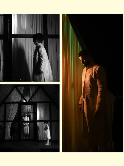 This black and white collage tells the story of the groom getting ready, using shadows and light to build anticipation.