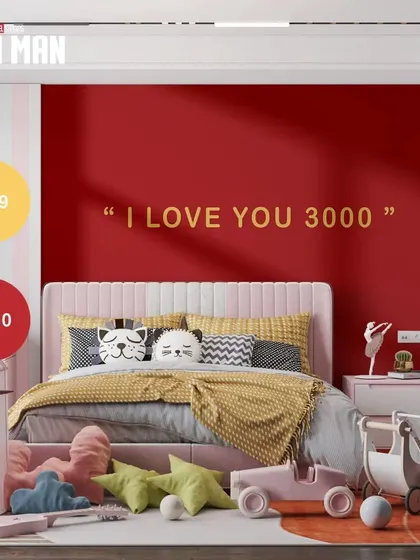"I love you 3000." An iconic Iron Man quote on a red accent wall makes for a heartwarming and cool feature in this kid's bedroom.