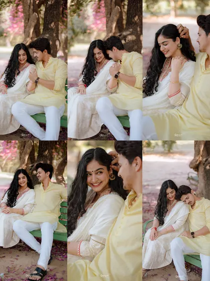 A series of playful and affectionate moments on a park bench, showcasing the fun and loving dynamic of the couple.