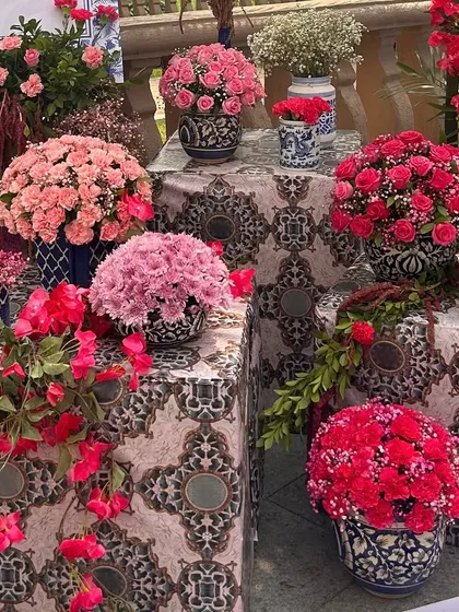 A stunning display of pink and red flowers in traditional blue and white patterned vases, creating a beautiful fusion of colors and styles.