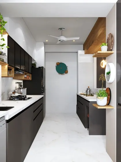 This long shot of the parallel kitchen shows its efficient layout, with ample counter space and storage on both sides, making it a practical choice for avid cooks.
