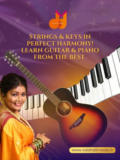 See the strings and keys in perfect harmony. This image represents our comprehensive guitar and piano courses, designed to help you learn from the best and develop your skills with precision and passion.