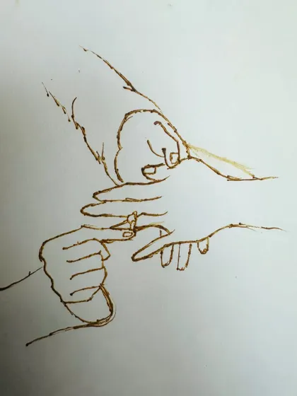 A demo sketch of an engagement ring ceremony. I teach how to draw hands and gestures, which are essential for telling a story through mehandi.