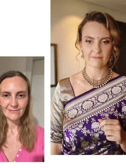 A before-and-after of this stunning transformation. It shows how the right hair and makeup can completely elevate a look for a special occasion.
