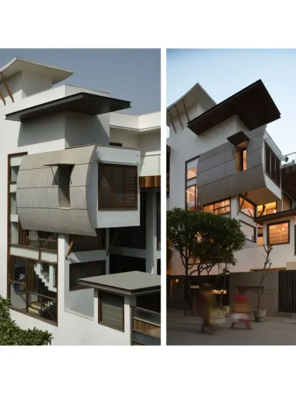 While the cantilevered façade of the Ashraya Residence gives it a bold, modern identity, the interior remains deeply anchored in Indian sensibilities. The exterior features a refined blend of Indian slate stone and teak wood, striking a perfect balance between warmth and contemporary elegance.