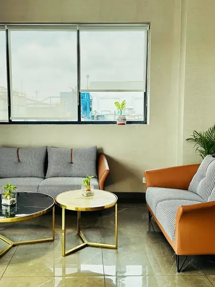 The waiting area at the M/s ALP project features a mix of two-seater and three-seater sofas in contrasting grey and tan upholstery. The nested coffee tables with marble and metallic finishes add a touch of modern luxury.