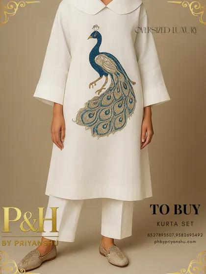 A full-length shot of the white linen kurta set, showing the graceful movement of the fabric and the comfortable yet stylish fit of the matching trousers.