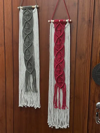 These long, elegant wall panels are perfect for narrow spaces or framing a doorway. I offer them in over 15 color combinations, like this grey and red duo, so you can find the perfect match for your home's interior.