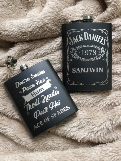 A look at the custom engraving options for my hip flasks. You can choose a classic design like the Jack Daniel's label or add a fun, quirky quote to make it a truly personal gift.