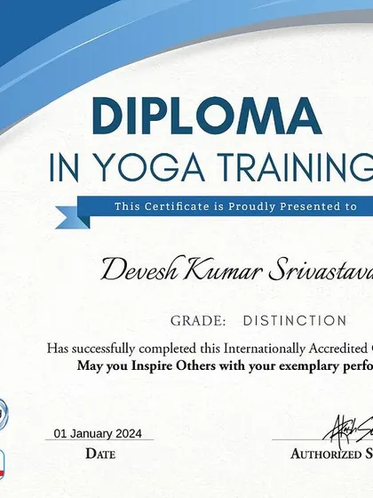 My Diploma in Yoga Training with a distinction grade. This certification recognizes my expertise in the practical and theoretical aspects of yoga instruction.