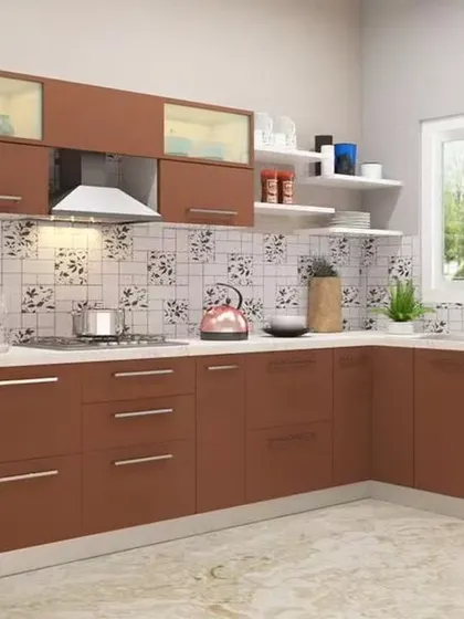 A warm and inviting L-shaped kitchen with brown cabinets and a decorative tile backsplash. The open shelves provide a space for display and easy access to everyday items.