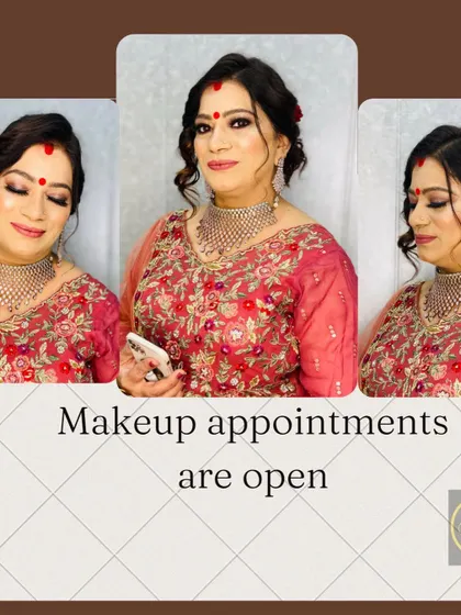 This client is ready for a festive occasion. The makeup is traditional, with a bindi and a bright lip, but still looks fresh and modern.