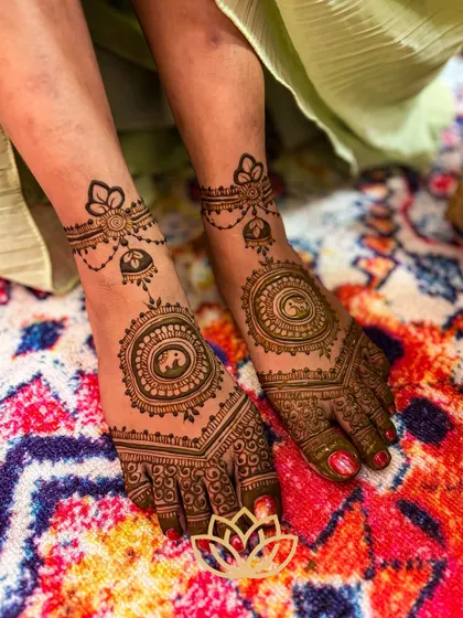 A lovely mandala design for the feet, featuring a central elephant motif and delicate hanging elements for an anklet-like effect.