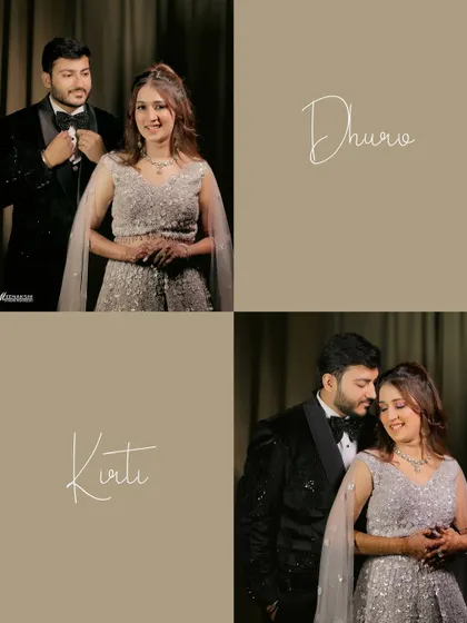 A modern and chic collage introducing the couple, Dhruv and Kirti, on their engagement day. The clean design focuses on their stylish portraits.