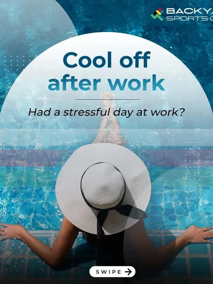 A promotional image suggesting a relaxing swim in our pool as the perfect way to cool off after a stressful day at work.