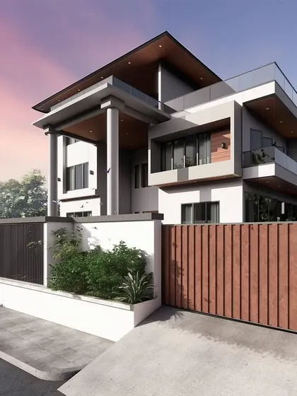 A perspective of 'The Honest House' showcasing its modern, blocky forms and the contrast between the solid white walls and the warm wooden gate. The integrated planters soften the clean lines.