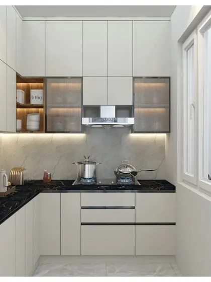 A 3D render of a compact kitchen layout. This design uses light-colored cabinets and a black countertop, with glass-front upper cabinets to create a sense of openness in a smaller space.