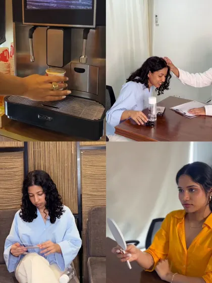 This collage captures moments from the DermaZeal experience: enjoying a coffee in our waiting area, engaging in a detailed consultation, and taking a moment for self-reflection.