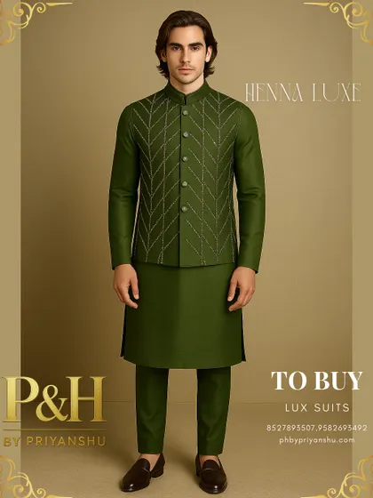 I created this ensemble for pre-wedding celebrations like the Mehndi ceremony. The classic olive green kurta is paired with a tailored Nehru jacket featuring a modern, geometric hand-embroidered pattern, offering a look that is both sophisticated and effortlessly stylish.