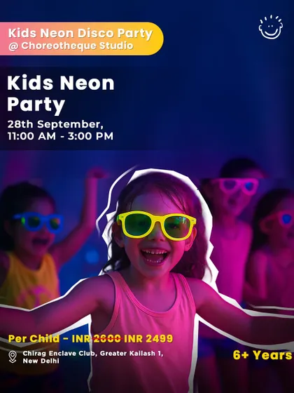 Another poster for the Kids Neon Party, a high-energy event with music, dancing, and glow-in-the-dark fun.