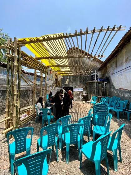 An outdoor review space constructed with bamboo at SEED Kochi. The learning environment itself can be an object of design and inspiration, demonstrating principles of temporary and sustainable structures.