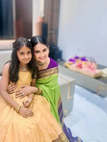 The beautiful Kavyagowda with her daughter. I created a classic festive look for her that is both elegant and timeless.